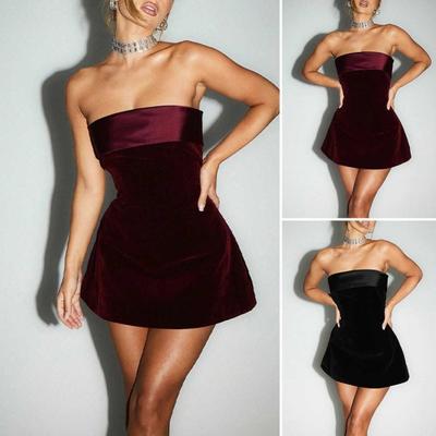 Women Evening Dress Off Shoulder Bandeau Backless Sleeveless Slim Waist A-line Mini Dress Prom Party