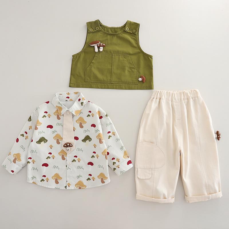 Boys' long sleeved three piece set, Cute vest for children aged 0-5, Collar tie shirt+casual pants set, High-quality clothes for babies