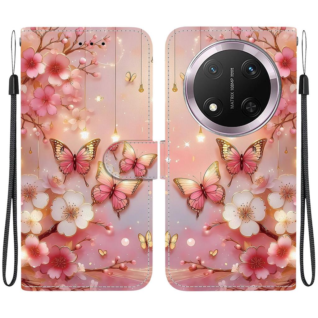 Handmade PU Leather Flip Case for Honor X9c Anti-Slip Shockproof Cover with Wrist Strap & Heart/Rose Cat Designs