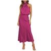 Women Sleeveless Mock Neck Cocktail Dresses Keyhole Elastic Waist Party Wedding Guest Satin High Split Mid Dress