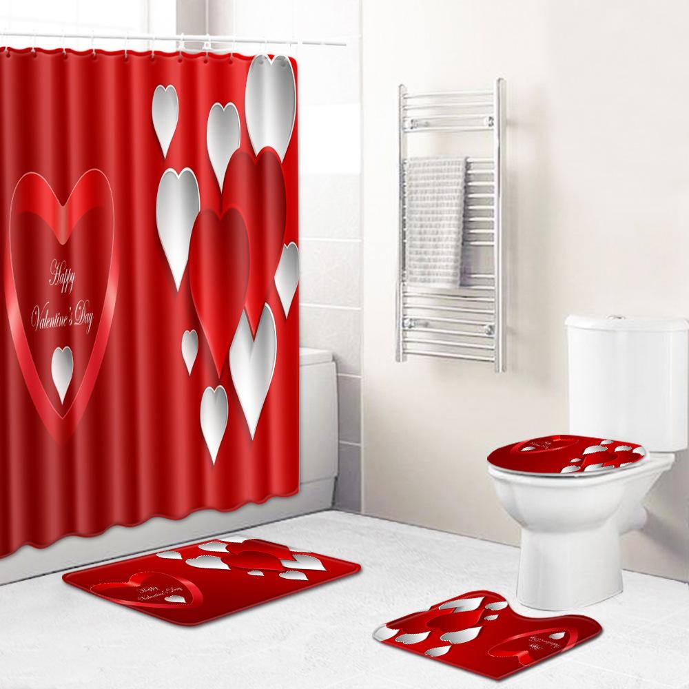 Love Valentine'S Day Shower Curtain Floor Mat Four-Piece Set Bathroom Non-Slip Door Mat Bedroom Carpet