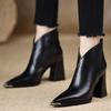 2025 Women's Pointed Toe Chunky Heeled Ankle Boots - Autumn/Winter Velvet Martin Style, Petite French Skinny
