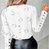 Damen Frühlingshemden Herz-Print Rundhalsausschnitt Langarm Locker Blusen Mode Lässig Knopf Elegant Büro Damen Oberteile