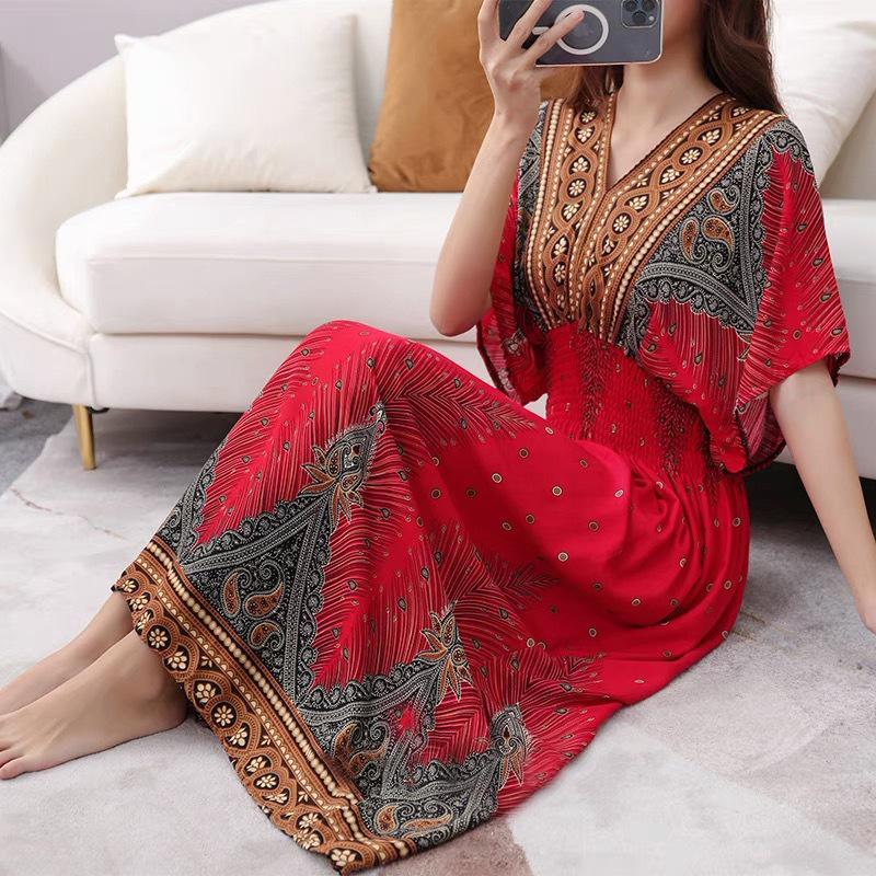 Ethnic Style V-neck Cotton and Silk Short-sleeved Beach Dress Thailand Travel Dress Summer Print Vacation Floral Skirt