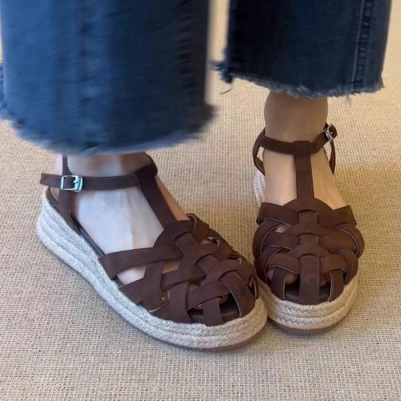 Summer New Breathable Versatile Single Shoes Bag Head Straw Thick Sole Cross Belt Hollow Fashion Sandals Women