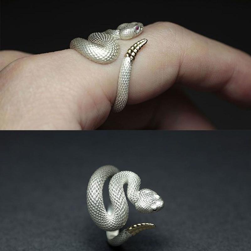 Snake Ring with Tail Copper Rattlesnake Shaped Finger Ring Jewelry Handmade Adjustable Serpent Ring Gift for Men Women