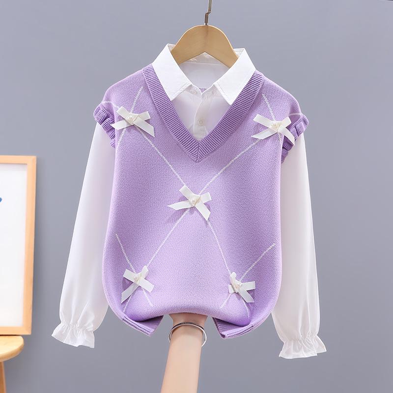 Mädchen Zweiteiliger Baumwollstrickpullover mit Hemdkragen für Frühling & Herbst