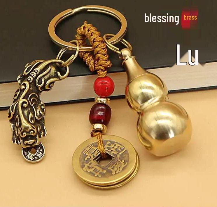 Brass Pixiu Fortune Keychain with Zodiac Signs, Copper Gourd, and Five Emperors Coins.