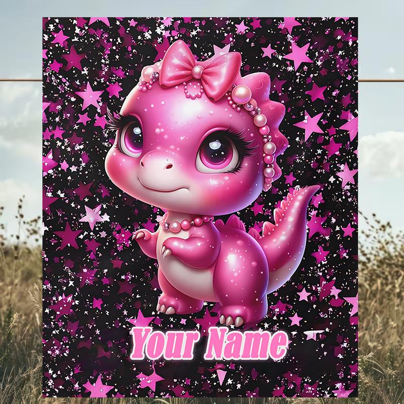 1PC Custom Name Pink Dinosaur Sparkle outdooor Flannel blankets Patterns Throw Blanket All-Season Soft Gift for Couch, Bed, Camping gifts