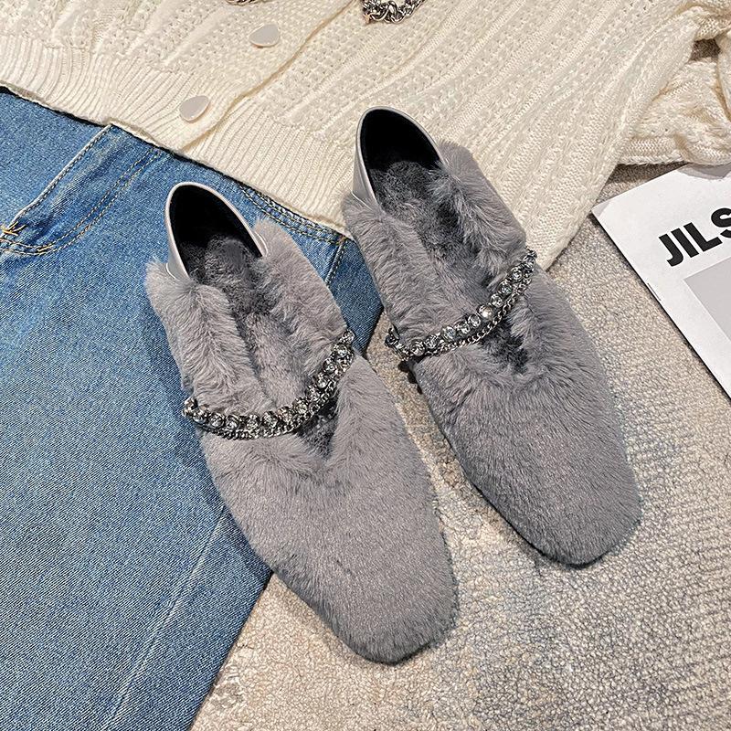 Fashion Rhinestone Chains Mink Fur Flat Shoes for Woman Square Toe Warm Plush Moccasins Crystal Band Furry Slip On Loafers Big Size 43
