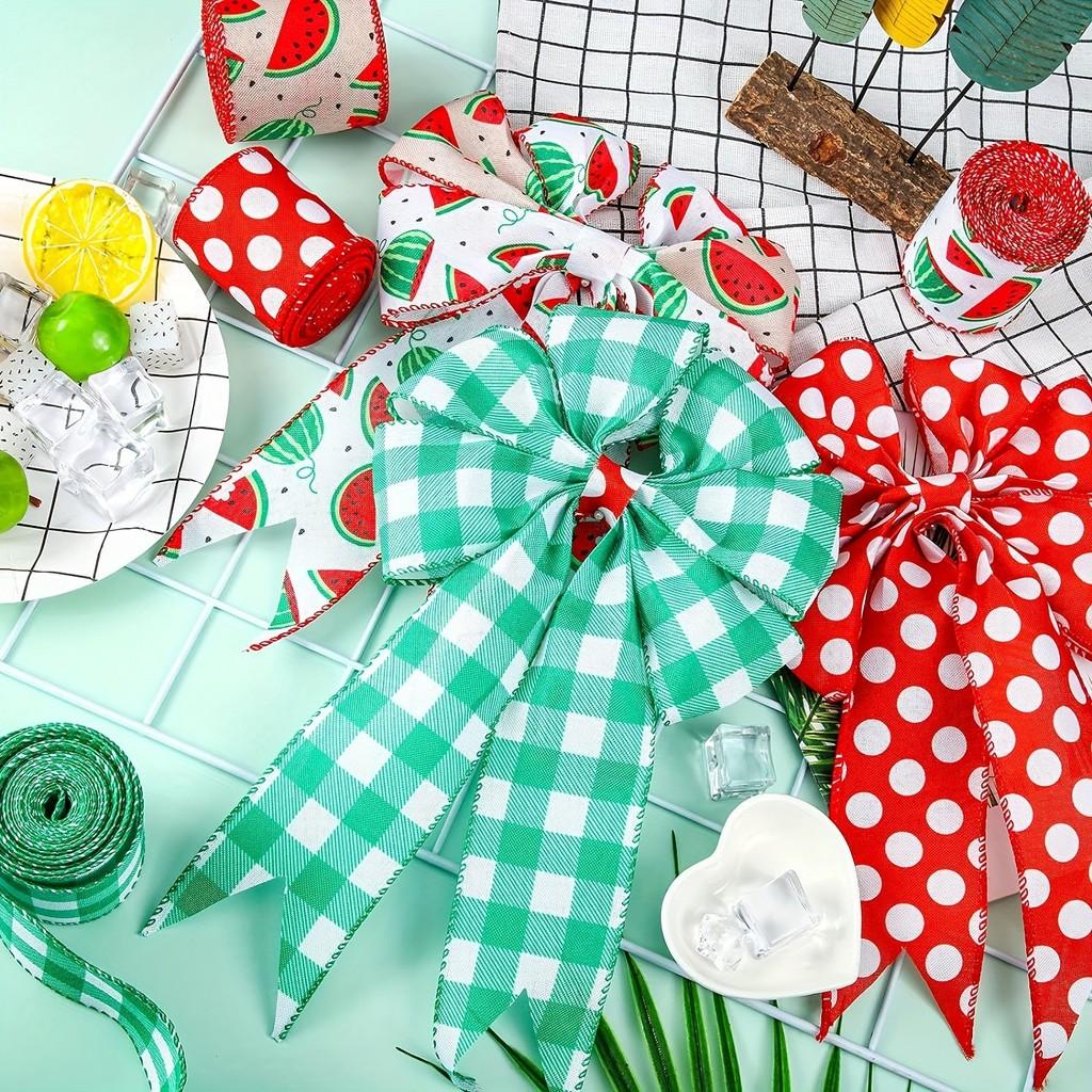 Charming Themed Watermelon Faux Linen Ribbons In Green Checkered Design For Festive Occasions
