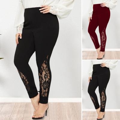 Women High Waist Leggings Solid Color Slim Fit Hollow Embroidery Lace Floral Elastic Tight Fit Pencil