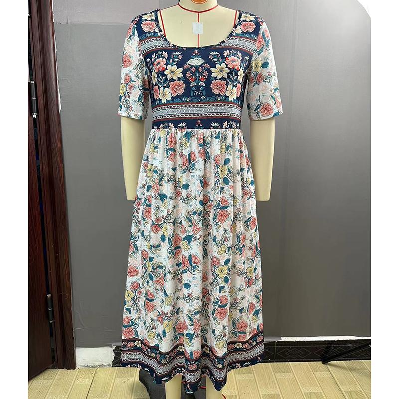 Sommer Böhmisch Bedrucktes Übergröße Damenkleid Mode Rundhals Kurzarm Lässige Lange Kleider Damen Elegant A-Linie Urlaubs Strandkleid 26653