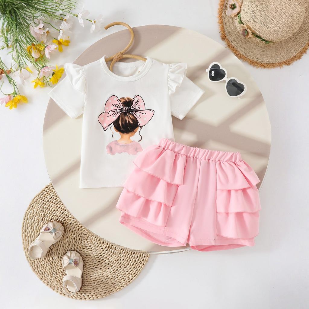 Girls Printed Sleeve T-Shirt + Ruffle Skirt Two-Piece Set