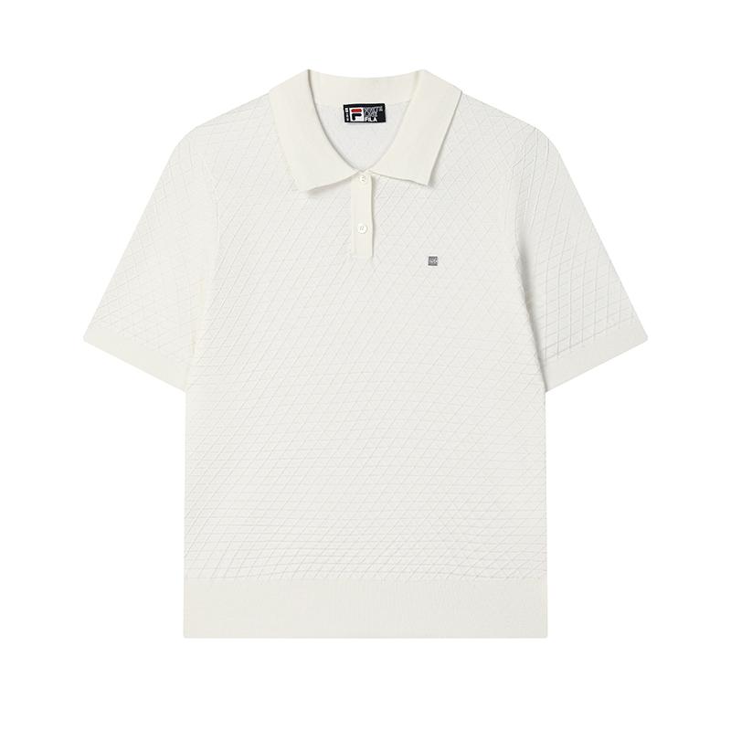 Fila White Casual Pullover Solid Short Sleeve Polo Shirt Women Tops Fog-Lotus-White F11W513403F-IV