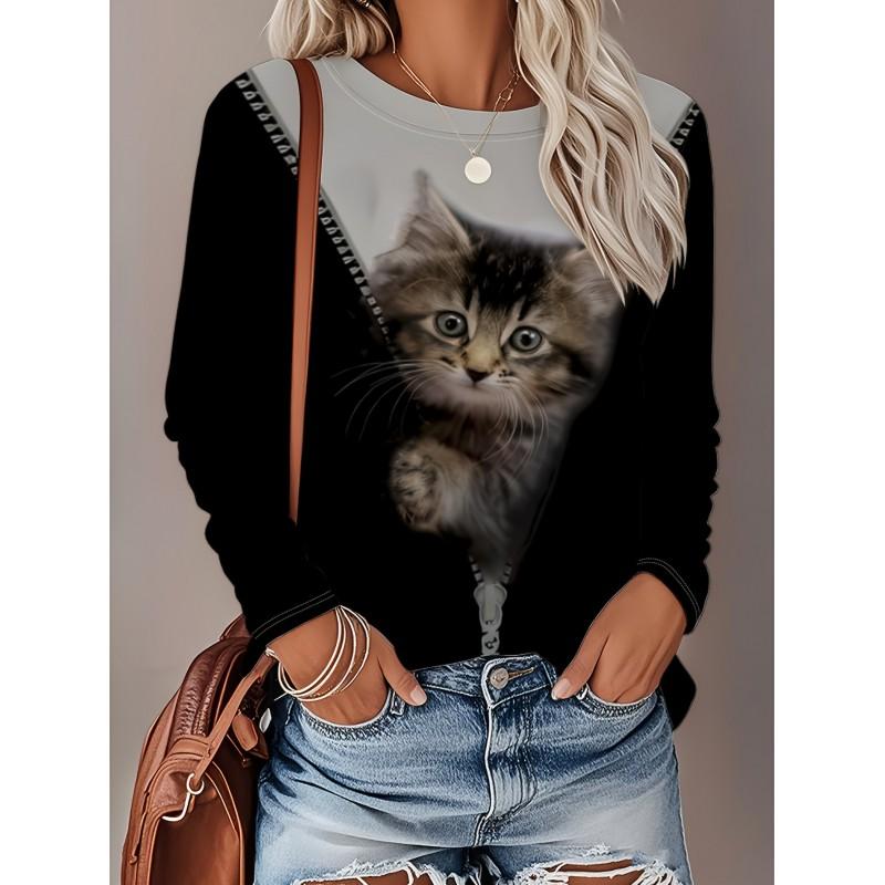 Womens Loose Fit Long Sleeve Round Neck T-Shirt With 3D Dinosaur Christmas Tree Print Milk Silk Fabric