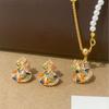 Colorful Zircon Gourd Pearl Necklace & Earrings Set - Exquisite, Fashionable, Versatile Accessory