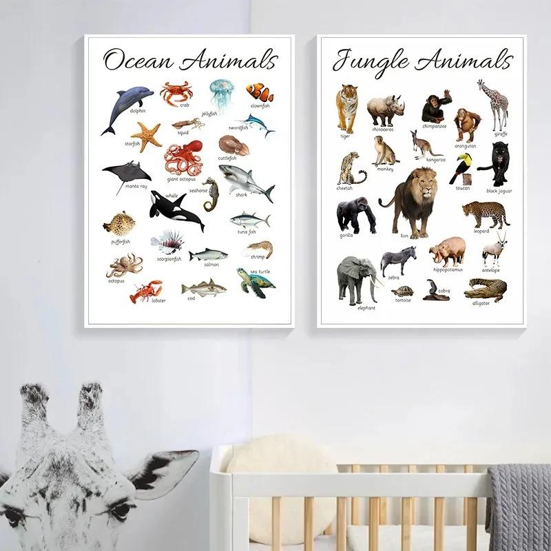 Farm Animals Ocean Animals Horse Educational Learning Poster Print Canvas Painting Wall Art Picture for Kids Nursery Room Decor