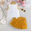 2PCS Girls Floral Applique Sleeveless Vest & Pleated Skirt Set, Casual Summer Two-Piece Outfit