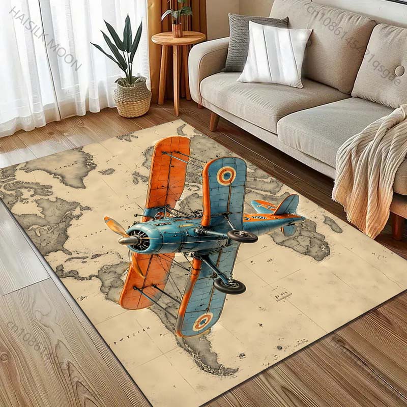 Retro Airplane and Map Pattern Carpet for Bedroom Living Room Bedside Sofa Floor Mat Modern Home Decor Area Rug Large Size