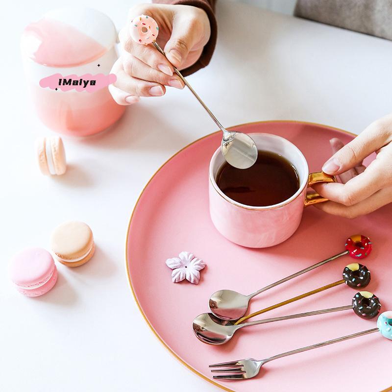 Cute Stainless Steel Donut Shaped Spoon Fork Ice Cream Cake Dessert Spoons Coffee Stirring Spoon Candy Cartoon Teaspoon