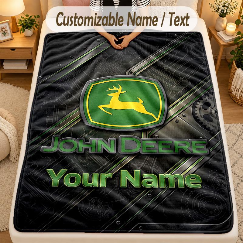 Flannel BlanketJohn Deere Custom Name Text Personalized Soft Warm Throw Blanket Home Decor Gift