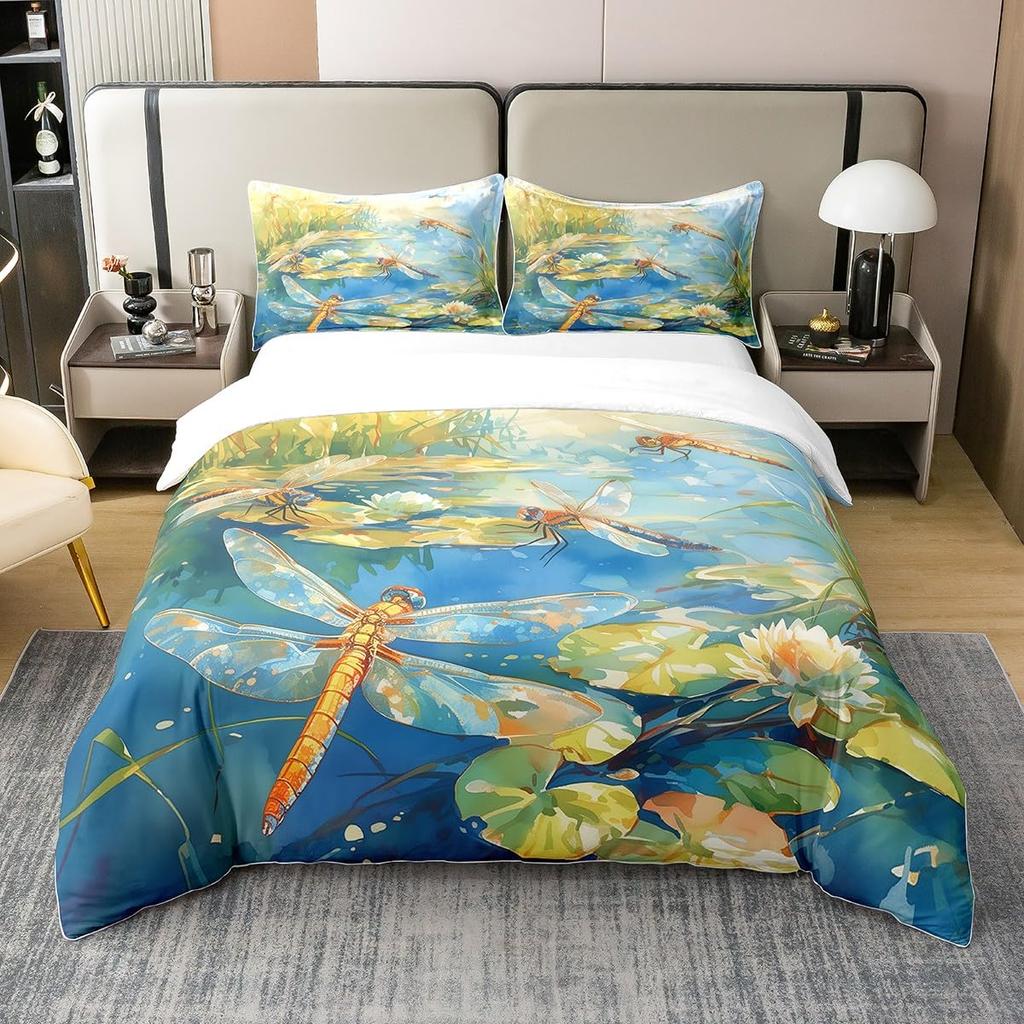 Dragonfly and Lotus Duvet Covers for Kids Teens Lightweight Quilt Covers Blossom Flowers Pond Natural Scenery Animal Bedding Set