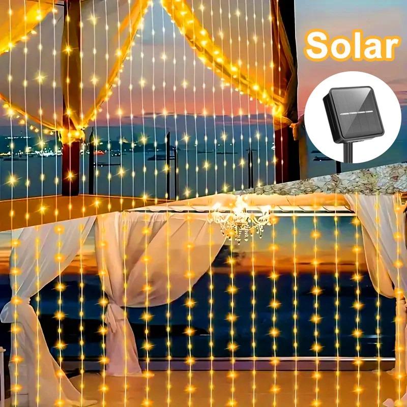 100/200/300 LED Solar Courtyard Curtain Lights Outdoor Waterproof Fairy String Lights With 8 Modes for Garden Window Bedroom Wedding