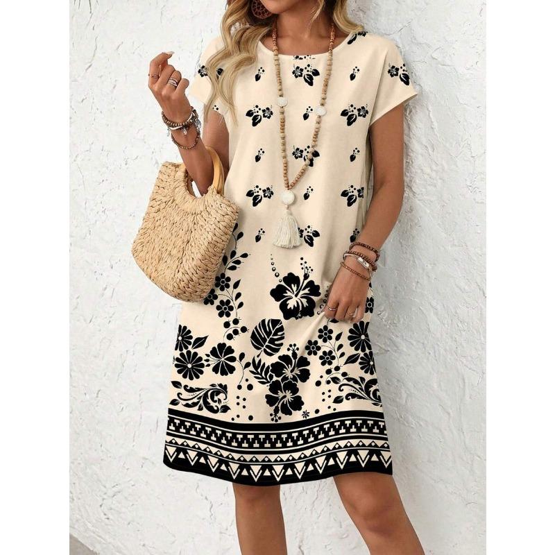 Women's Casual Geometric Print Short Sleeve A-Line Dress, Summer Boho Style