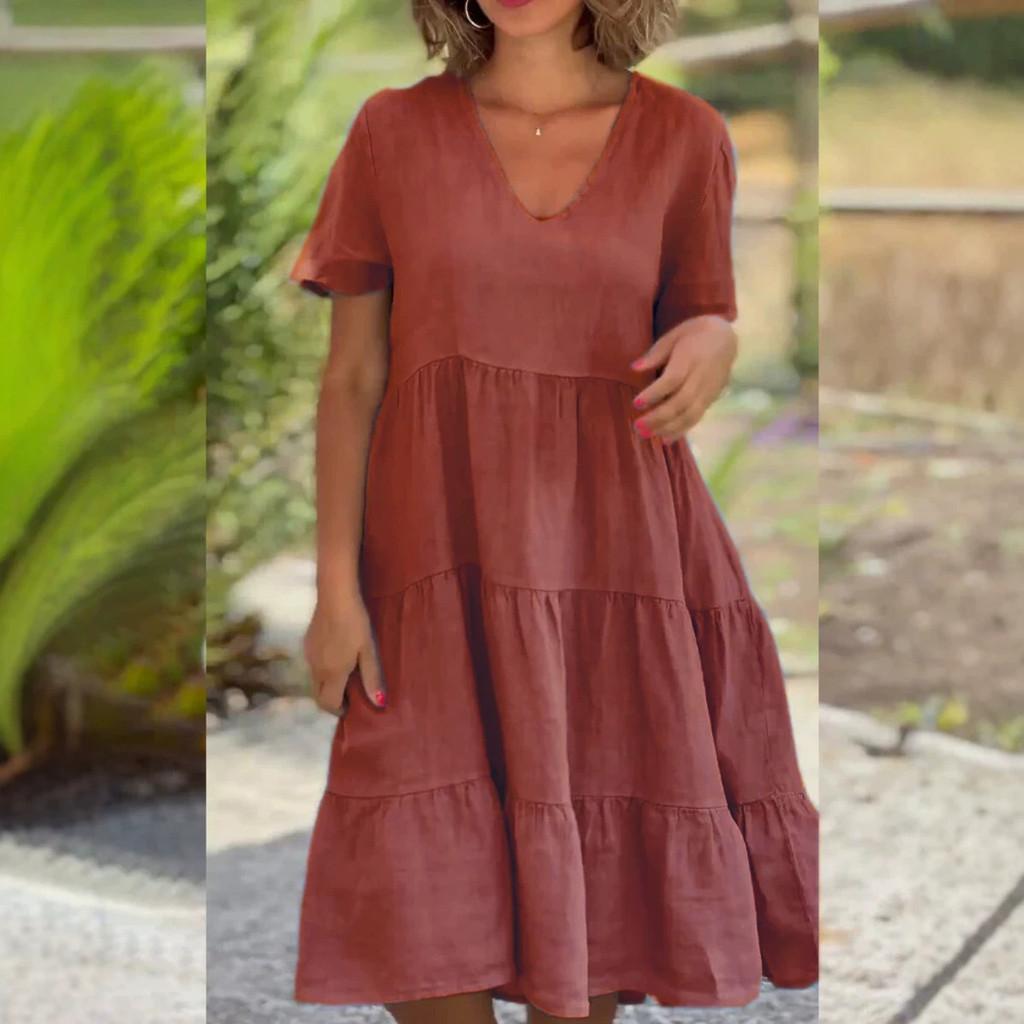 Summer Girl Dress With Vneck And Pleated Cotton Linen Fabric For Casual Wear