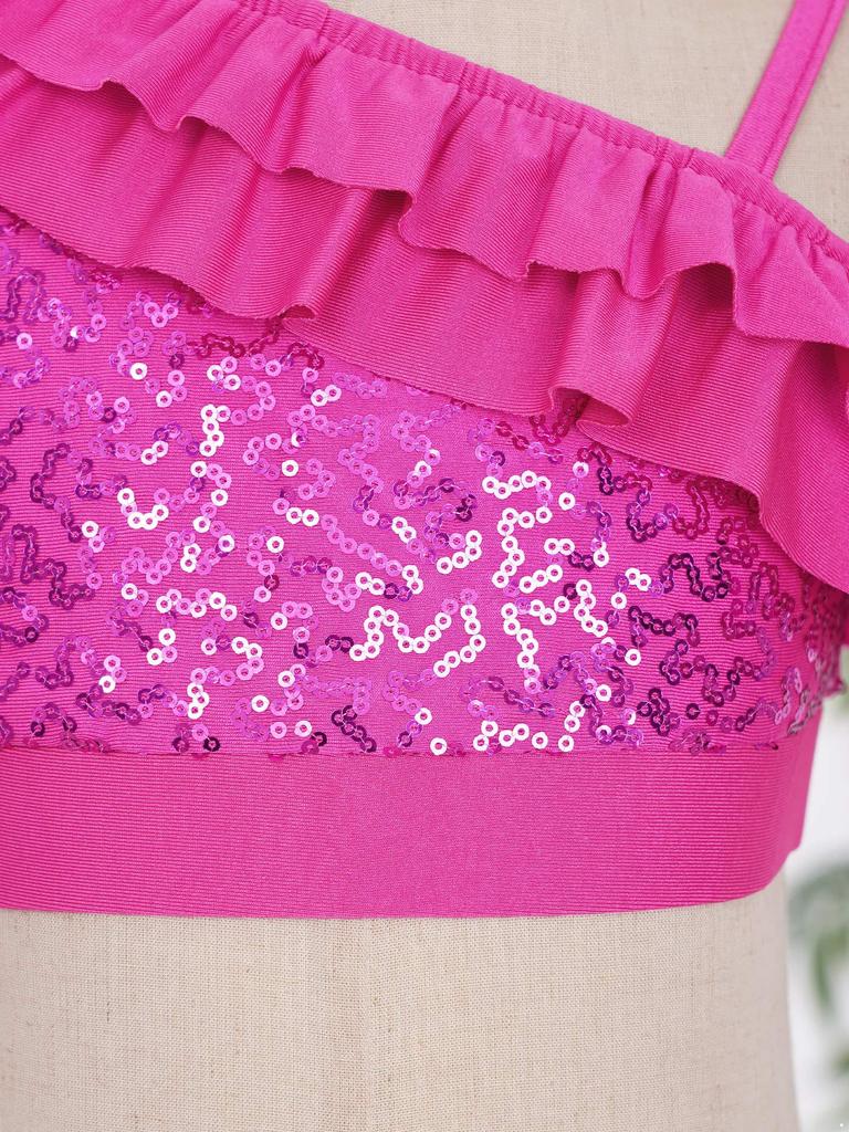 Dívčí Sequin Crop Top Set Asymetrické volánkové ramínka V-výstřih v přední části Pasové šortky Tanec Soutěž