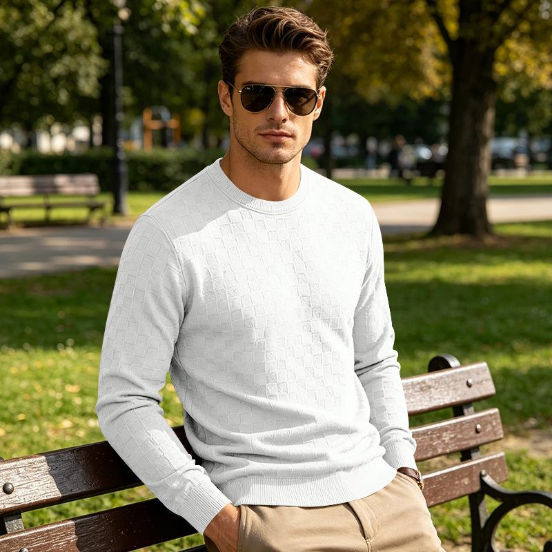 Men S Long Sleeve Crew Neck Pullover Checkered Jacquard Casual Sweatshirt S