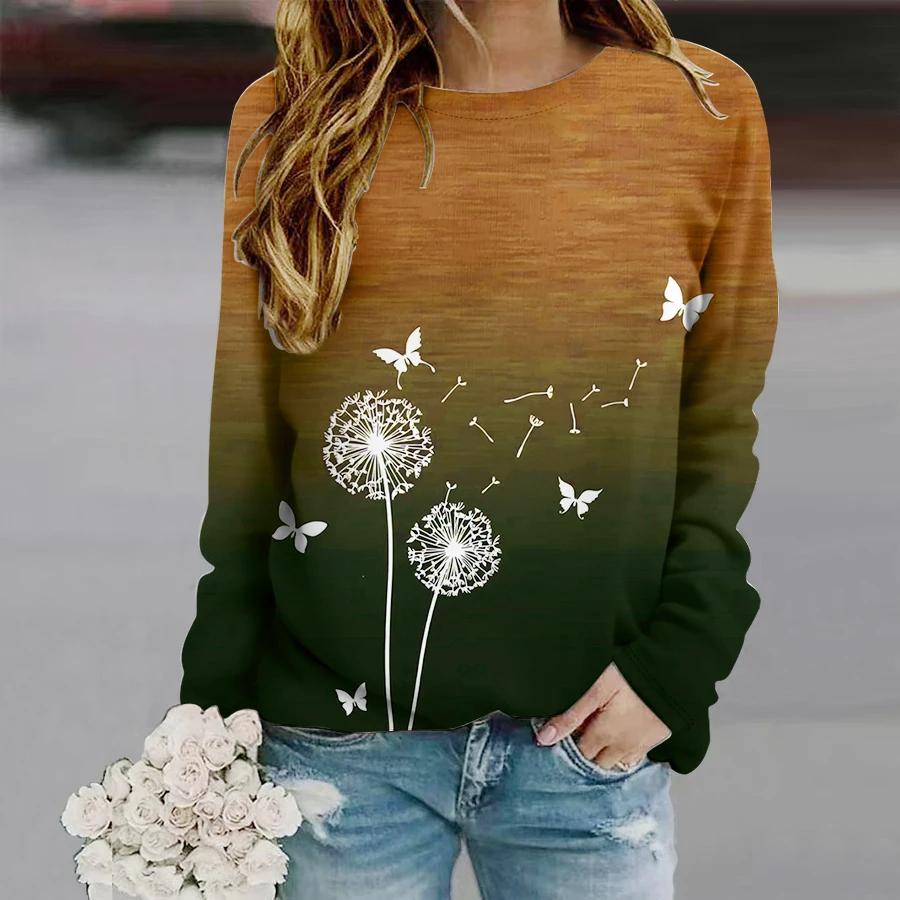 

Осенние женские толстовки с 3D принтом одуванчика и длинными рукавами, модная свободная толстовка с круглым вырезом, пуловер с принтом одуванчика для девочек 6XL