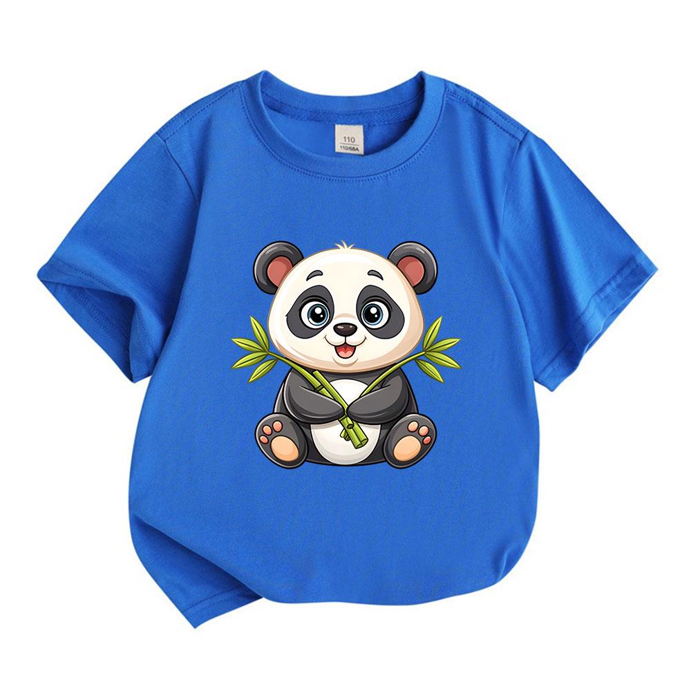 Cute Cartoon Panda Holding Bamboo Kids 100% Cotton Crew Neck Short Sleeve T-Shirt for Boys Girls Casual Soft Breathable Summer Animal Pattern Printed