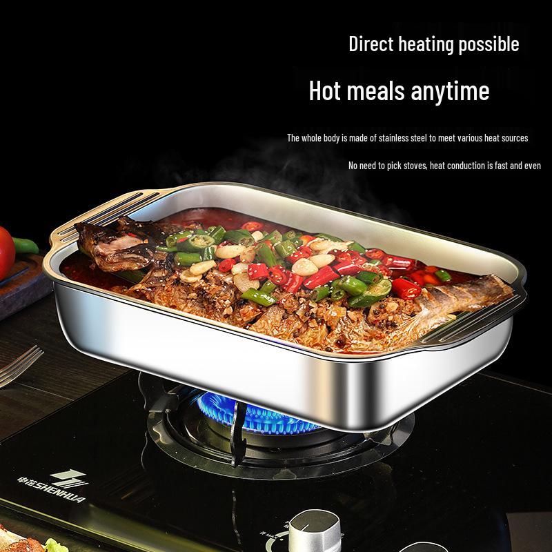 Thickened Deepened Rectangular Non-stick Stainless Steel Grilled Fish Pan with Lid