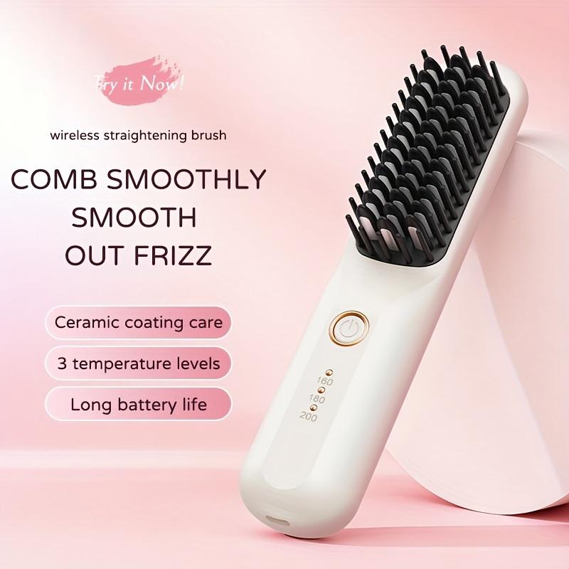 Cordless Hair Straightener Brush, USB Rechargeable 2 in 1 Hair Straightener and Curler, Portable Hair Straightening Brush with 3 Temperature Settings