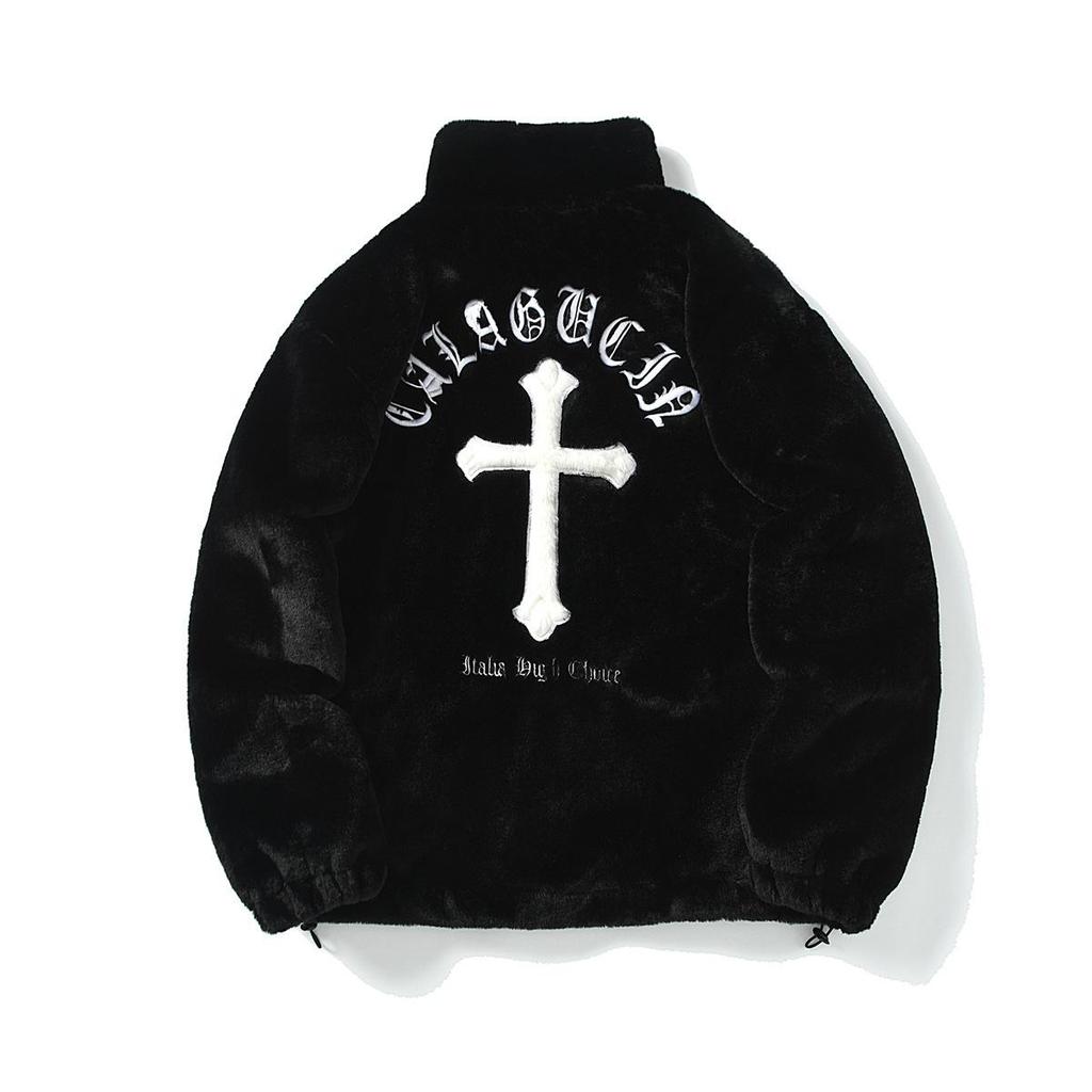 Amerikanischer Stil Neue Hip-Hop Bestickte Jacke Herren Imitat Kaninchenfell Stehkragen Unisex Locker Baumwolljacke