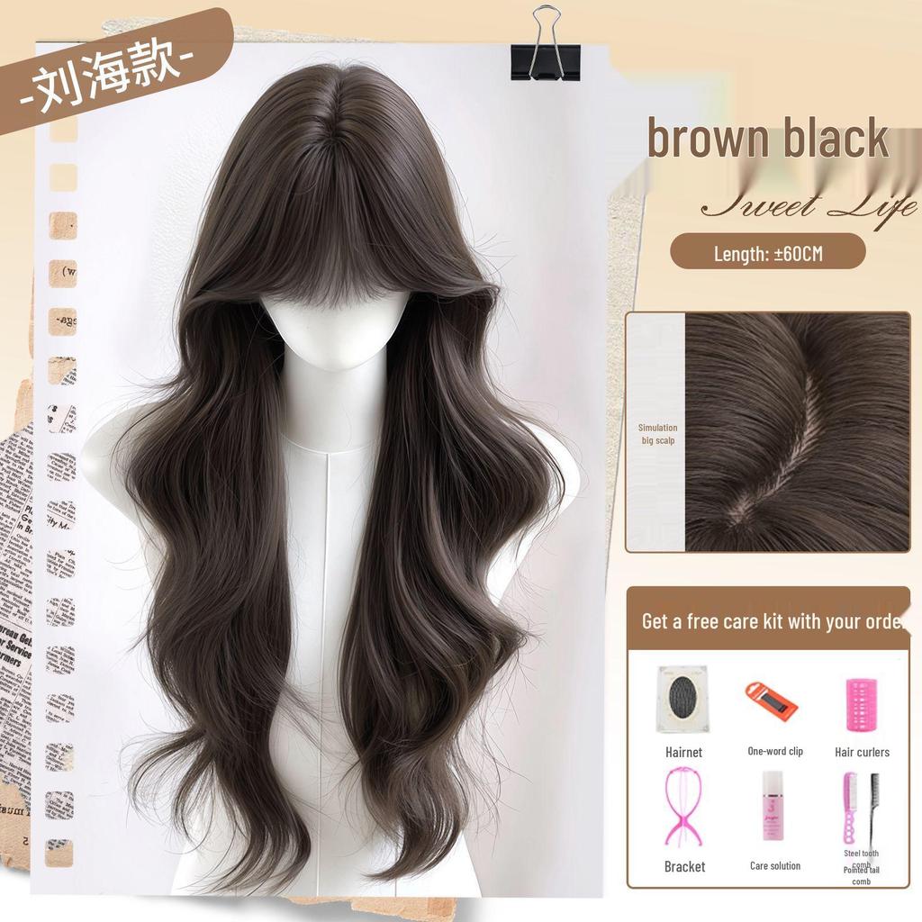 Women's Full Head Wig with Realistic Hair Fibers, Seamless Frontal, Large Scalp Coverage, Bangs, and Large Wave Long Curls