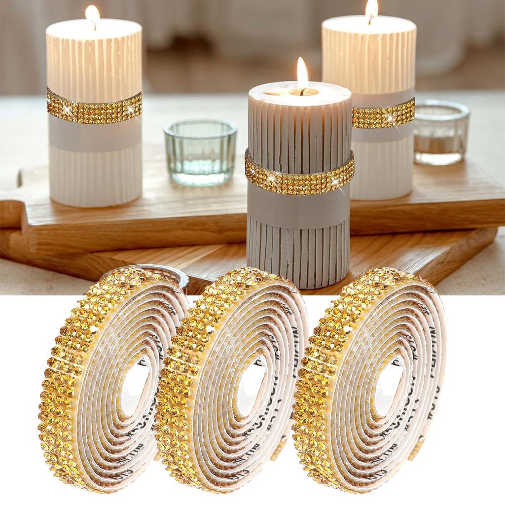 3Pcs Adhesive Rhinestones Ribbon Sparkling Rhinestones Ribbon 9mm Crystal Ribbon Roll for Craft Wedding Cake Decoration
