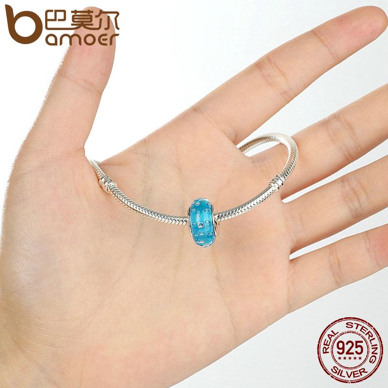Bamoer 925 Sterling Silver Blue Effervescence, Clear CZ Murano Glass Beads Fit Bracelet Authentic