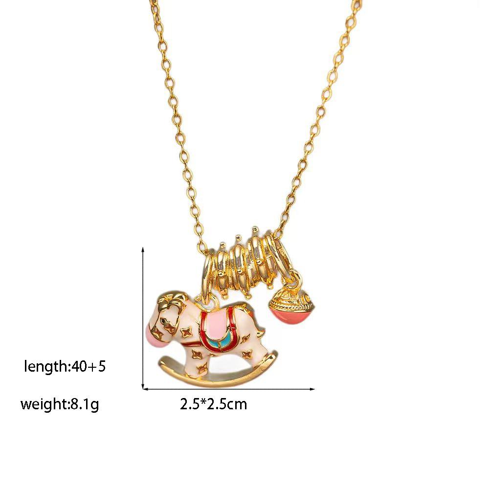 Cute Exquisite Enamel Rocking Horse Donut Pendant Necklace for Women Gold Color Stainless Steel Collar Chain Jewelry Accessories