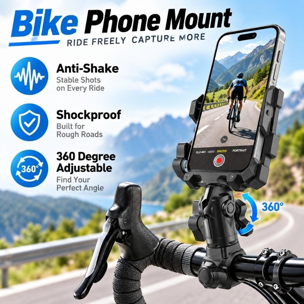 360 Degree Adjustable Cycle Phone Holder Anti-Shake Handlebar Phone Clamp Electric Bike