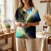 Women's Short Sleeve Linen Cotton Blend Shirt Henley Neck Button Front Pocket Casual Summer Top with Artistic Abstract Print
