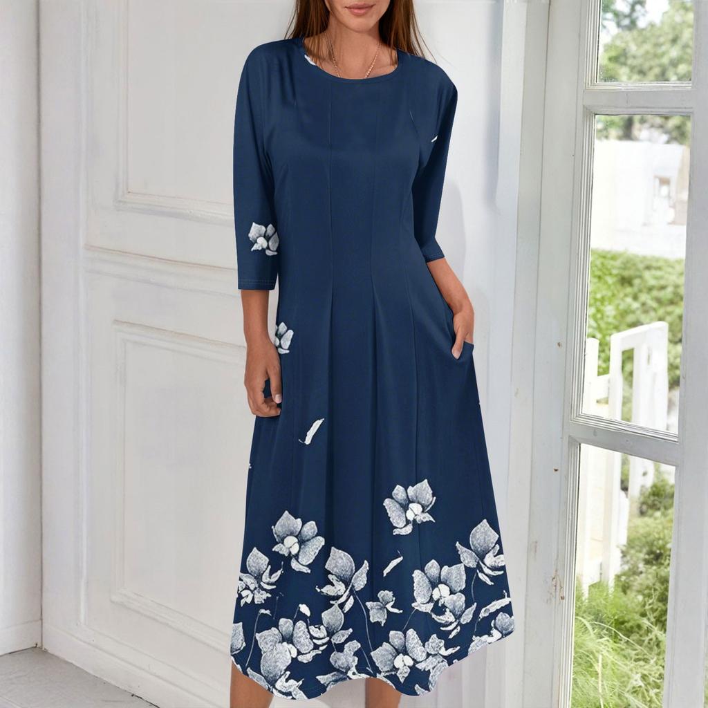 Women's Fashion Casual Round Neck Three-quarter Sleeve Midi Dress