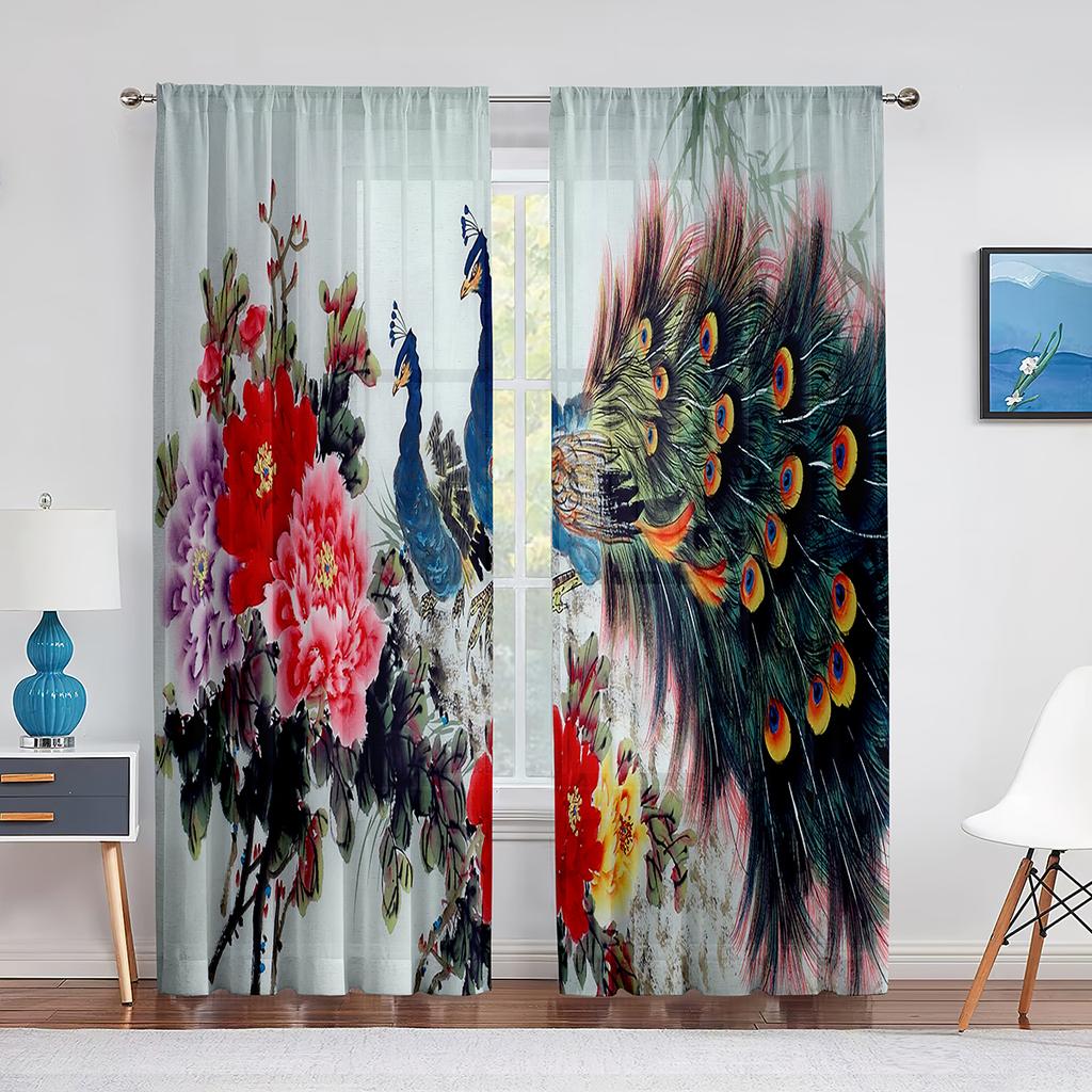 Birds On Branch Cherry Blossom Ink Painting Tulle Voile Curtains for Bedroom Window Curtain for Living Room Sheer Curtain Drapes