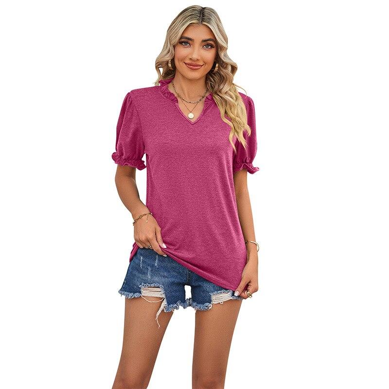 

Летние модные топы с v-образным вырезом, милая повседневная рубашка 2023, пышная блузка с короткими рукавами, женская свободная элегантная рубашка, женская рубашка Mujer 26031 S фуксия