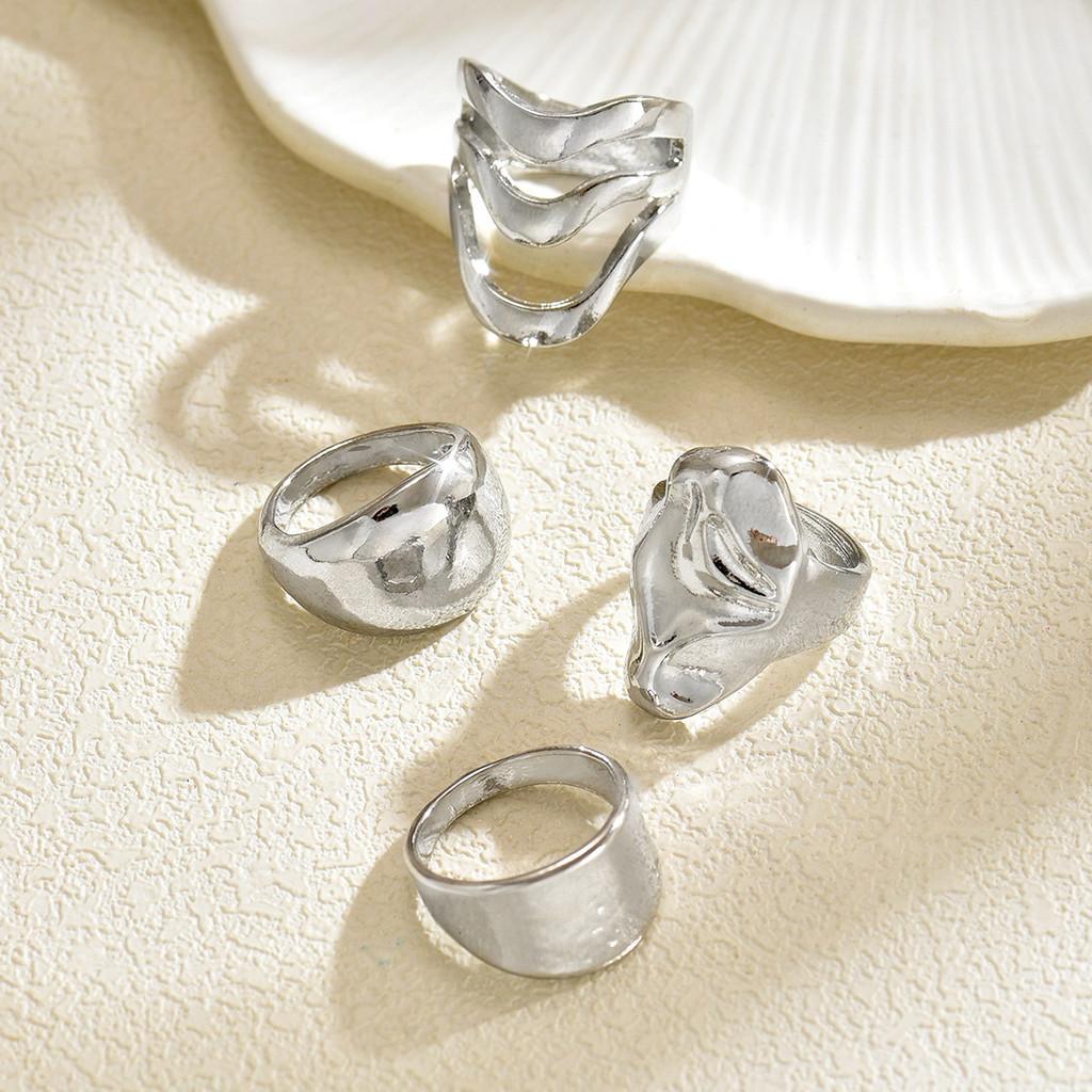 Vintage Geometric Zinc Alloy Ring Set With Fluid Lava Lines For Women Autumn