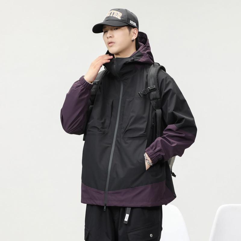 

American Mountain Outdoor Purple Spliced Jacket Men s Camping Wind Hooded Loose Functional Jacket Men L