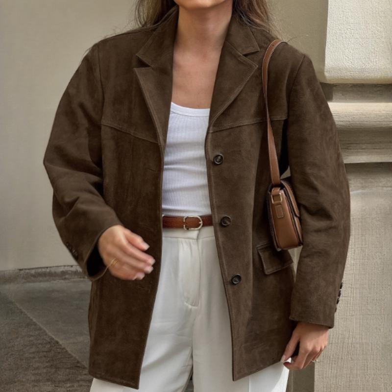 Hnědá matná sametová retro klopa volná semišová bunda podzim a zima maillard sako dámské