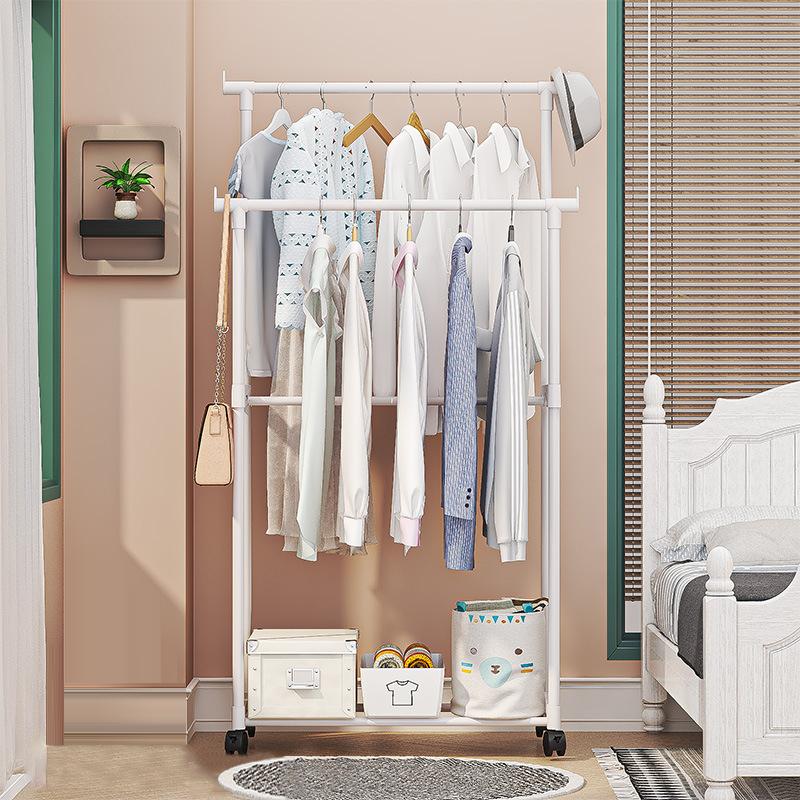 1PC Movable Bedroom Clothes Rack Floor Standing Double Rod Organizer Sheif with Bottom Shelf and Side Hooks for Coat Hat Storage